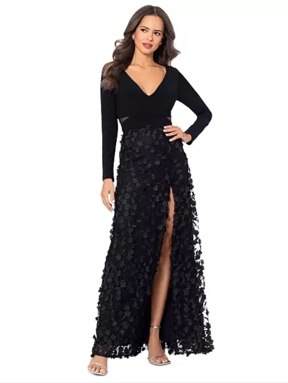NWT XSCAPE Mesh Cutout Black  Flower Gown Dress Size 12